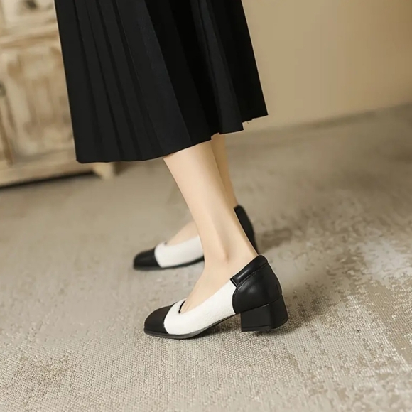 NWT Women's Contrast Color Chunky Heels, Elegant Square Toe Dress Pumps - Picture 5 of 6